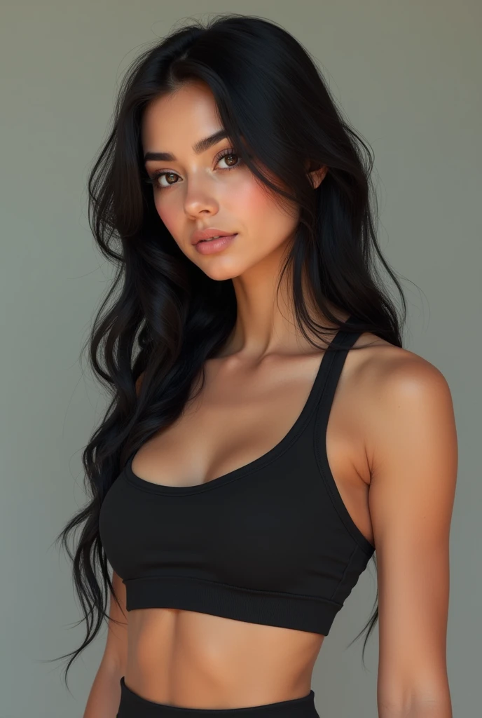 A realistic style woman in gym clothes with black hair and brown eyes,image of the person from afar