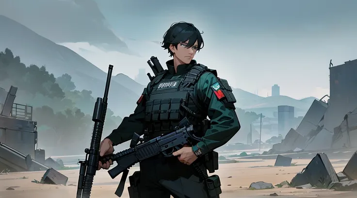 masterpiece, best quality, 1 man, 30-year-old man, Focus Person, Solitary, Solitary focus, Black Hair, Turquoise eyes, Black bulletproof vest, mercenary, (Holding an assault rifle), Standing, Standing shooting position, Battlefield Background, War Zone, Se...