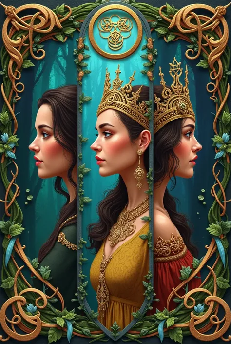 Fantasy book cover on the cover I want the woman to appear in the three phases of her life, slave druid and queen and I want it to mix the Celtic and Brazilian style 