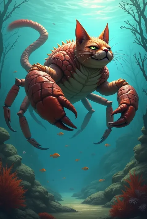 Crab with cat elements. The location is the sea. It looks really strong.