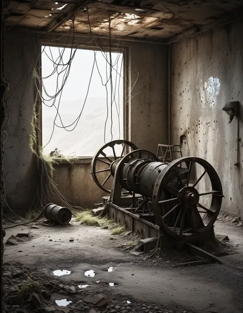 a decrepit abandoned mine, dilapidated old mine,rusting machinery,crumbling concrete walls,dusty abandoned environment,cobwebs,e...