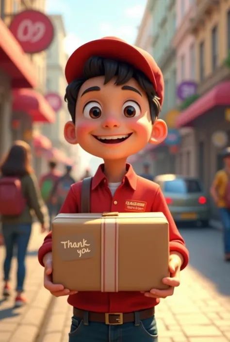 a delivery boy holding a package on which thank you is written 