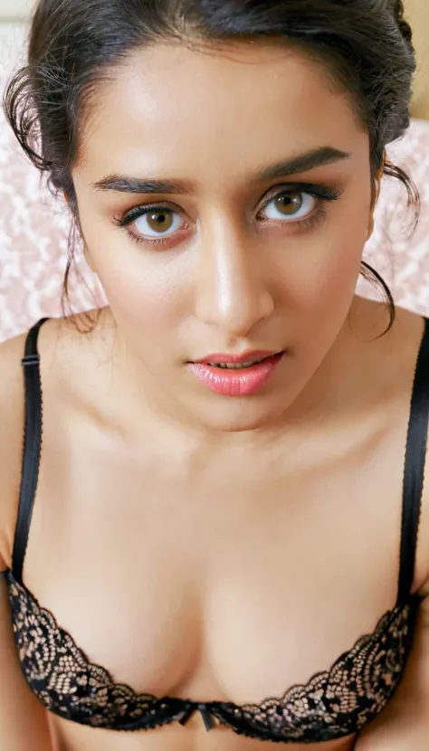  close up bodyshot photo of shraddha kapoor in lace lingerie, free hair, masterpiece, 28 year old, while fucking, looking at viewer, showing her breast and navel, in bedroom , looking at viewer sexily who is ready to fuck her