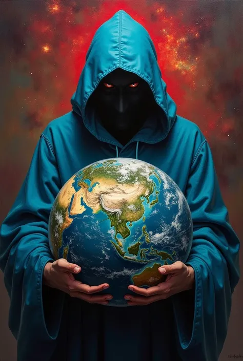 A hooded figure with a blue costume holding a large earth ball, in the style of afrofuturism, light crimson and gold, ethereal symbolism, dark emerald and red, celestialpunk, dark reflections, made out of cosmic galaxy ether by Caravaggio, Boris Vallejo, J...