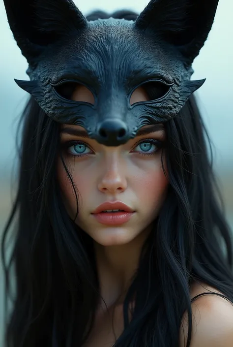 Long Black Hair、Naughty eyes and blue、Draw a girl wearing a black fox mask on her head