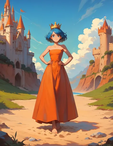 masterpiece, best quality, solo, 1girl, orange hair, blue hair, :D, orange dress, looking at viewer, outdoors, sand, sand dunes, huge castle, crown, standing, full body, cowboy shot, hands on hips, 