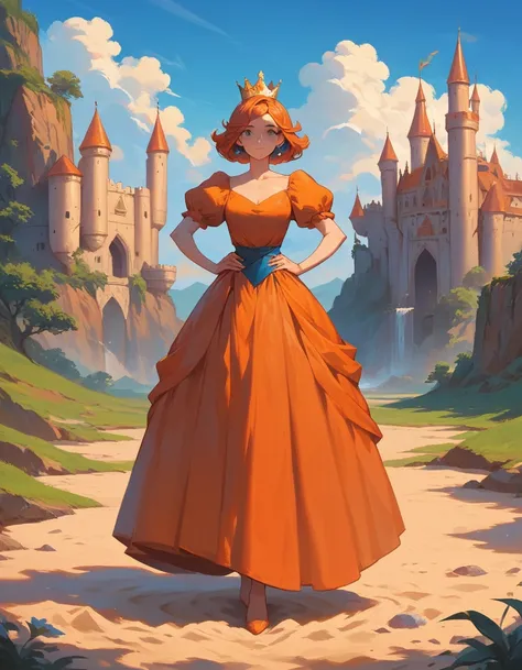 masterpiece, best quality, solo, 1girl, orange hair, blue hair, :D, orange dress, looking at viewer, outdoors, sand, sand dunes, huge castle, crown, standing, full body, cowboy shot, hands on hips, 