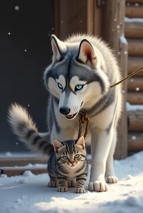 A Siberian Husky is tying a cat with a rope.