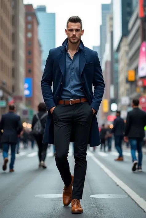 A guy wearing navy blue shirt, navy blue short coat, black pants and brown shoes