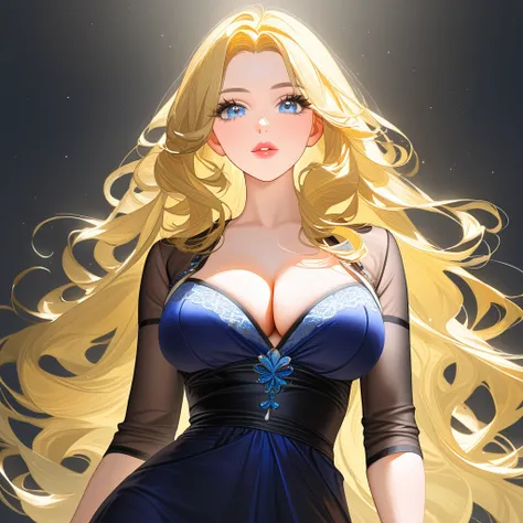 Tall Mature Women With Long blonde curly hair and Dark Blue Eyes , With Long black Eyelashes , Wearing Half sleeve White dress , Half portrait, Big chest , Hyper detailed eyes , hugh resolution, High quality, 4kHd , Masterpiece, pink Lips 