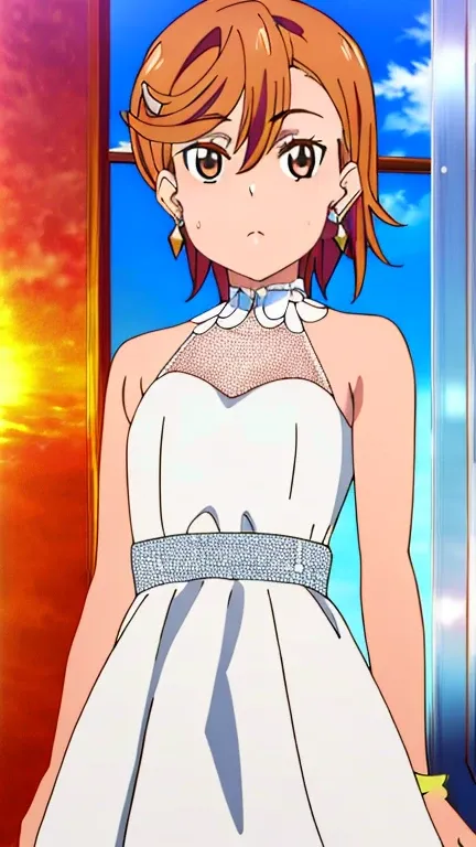 (masterpiece, best quality, 8k:1.2),(anime:1.1), misaka_mikoto, brown hair, short hair, hairpin, small breasts, 1girl, (diamond dress, revealing, earrings), cowboy shot, looking at viewer,