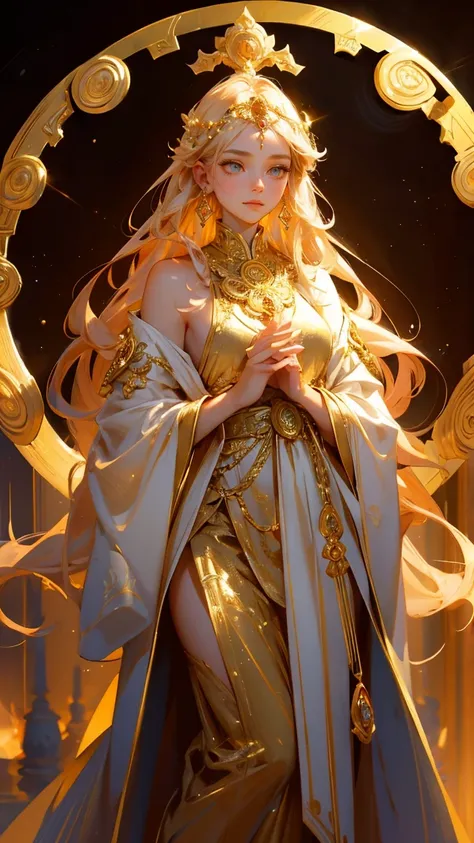 A mystical and elaborate scene set in an ancient, ornate temple filled with golden light and ethereal energy. The central figure, dressed in luxurious, intricate robes adorned with gems and gold, stands before a glowing, ancient altar, with radiant golden ...