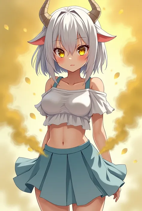 Cute white-haired succubus girl farting（HUD’s two-dimensional face）,Wearing a short light blue skirt，farting(yellow smoke)，