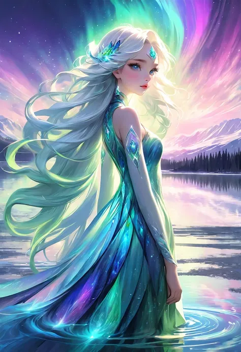 Masterpiece High Resolution Fractal Art Aurora and a beautiful girl with long white and blue hair standing on a lake 1 person Fantasy art Fantastic background Korean style eye makeup Mature 