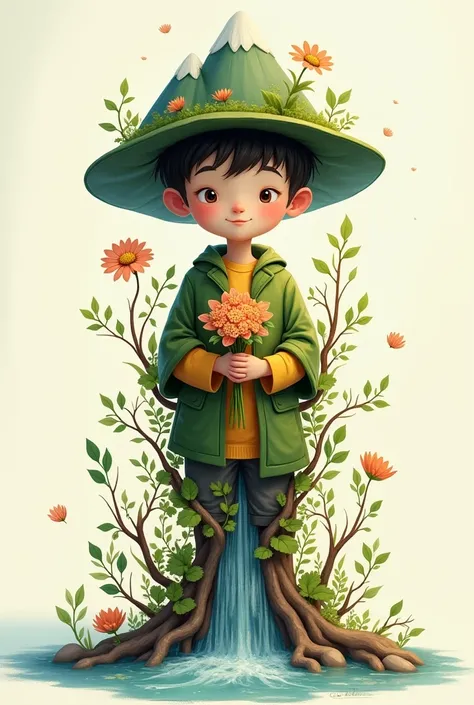 A boy wearing mountain shaped hat, right hand with flowers, upper body with river, legs with leaves amd roots