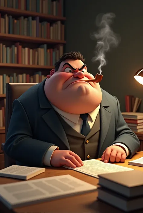 Fat man character in Pixar style or Disney. in the 1900s. He is the head of journalists. Manager in journal. Setting in his office. With a pipes smoking. A lot of papers in front of him. The man is angry. He is not wearing a jacket. A lot of journals aroun...