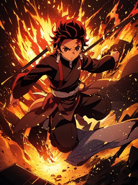 Tanjiro kamado from demon Slayer series, Earings,1 man, holding a fire-wrapped sword, looking up, A wooden box hanging on the back,Zooming out a bit, war expression, ((reaching up)), beautiful lighting, rim lighting, depth of field, burning train in backgr...