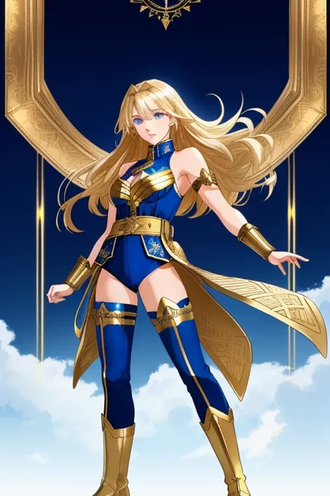 A full-body portrait of a young woman in anime style, with long, light blonde hair, framed by a white mantle adorned with golden details. She has intense blue eyes and wears a form-fitting blue armor with intricate engravings of leaves and flowers, and gol...