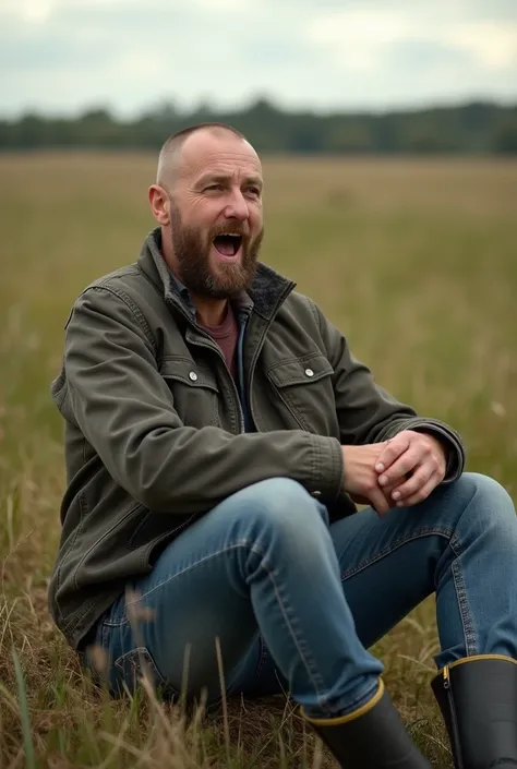 a midlife bulgarian hiker, shaved head, beard, wearing jeans and kneehigh rubber farmer boots, sitting in field, he drops a tiny man into his open mouth. the tiny teenager disappears inside his open mouth.