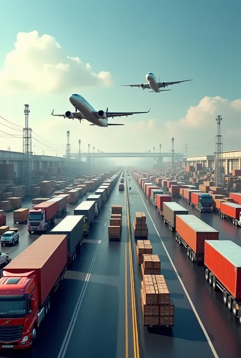 Hyper realistic image of logistics trucks and vehicles parked side by side in background zoomed out, cargo shipment behind them and plane flying overhead