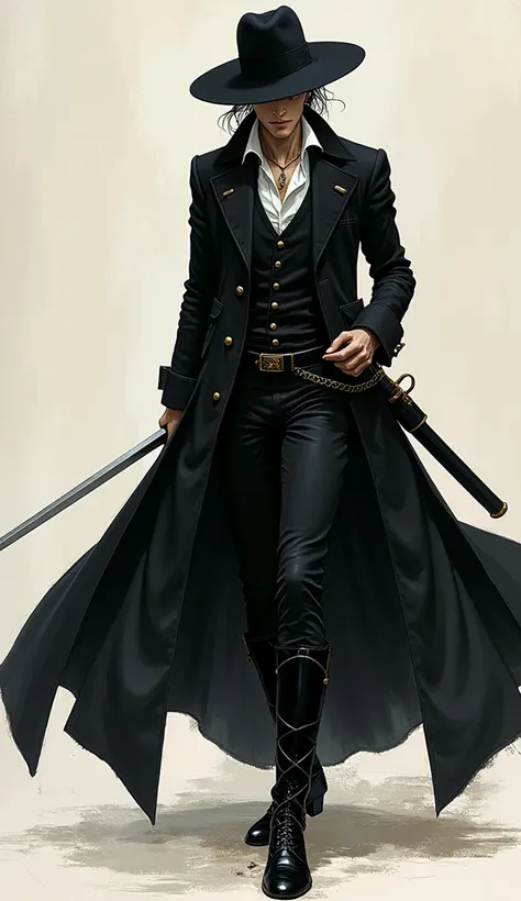  Yoshitaka Amanos full-body illustration of "Vampire Hunter D". The male character D is dressed all in black, wearing a European aristocratic-style white shirt under a long black coat. He has a neat face, fair skin, a black sun hat, and wields a thin long ...