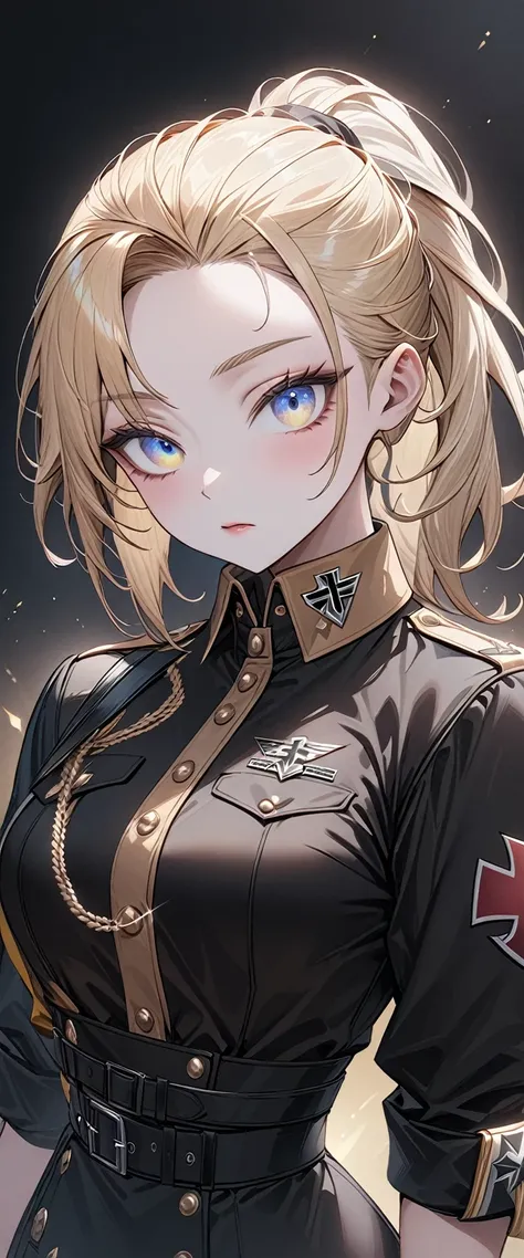 masterpiece　Very detailed　aldult　Ultra-high resolution　Higher resolution　Highest quality　Super detailed　Vivid Color　detailed woman　High quality　Nazi Army costume　 black costume　Army hat　8k　Gal with light makeup　Big eyes　((Rainbow Eyes))　Blonde　((Short Hair...