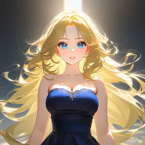 Tall Mature Women With Long blonde curly hair and Dark Blue Eyes , With Long black Eyelashes , Wearing Half sleeve White dress , Half portrait, Big chest , Hyper detailed eyes , hugh resolution, High quality, 4kHd , Masterpiece, Sharp Eyes