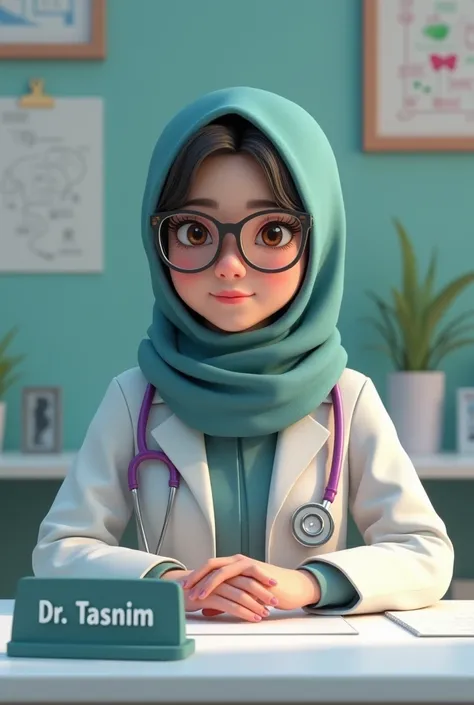 there is a asian girl wearing scarf around head , sitting at a desk with a stethoscope, doctor, realistic 3d style,  There is a name plate on the table and on it is written  "Dr. Tasnim"  medical doctor, wearing lab coat and a    blouse, for hire 3d artist...