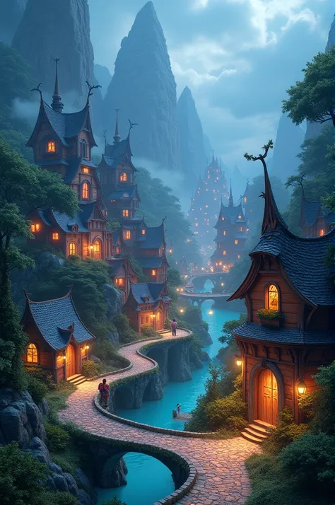 Masterpiece, Best quality, 3D, Fantasy, A mythical village, magical lights, 