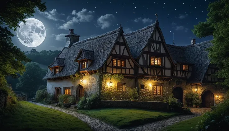 "Create a hyper-realistic image of a medieval villa at night. The scene should depict a tranquil, moonlit night with a full moon high in the sky, casting a soft, silver glow over the village. The villa should have stone buildings with thatched roofs, narro...