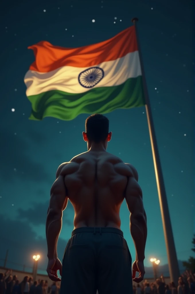 Muslim Bodybuilder salute to National Indian national Flag At Dark Night Artwork 