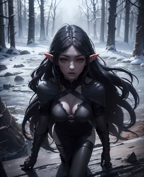 1girl, dark witch, black long hair, pale skin, red eyes, elf-like costume, mysterious dark setting, dramatic lighting, (best quality,4k,8k,highres,masterpiece:1.2),ultra-detailed,(realistic,photorealistic,photo-realistic:1.37),cinematic,dramatic atmosphere...