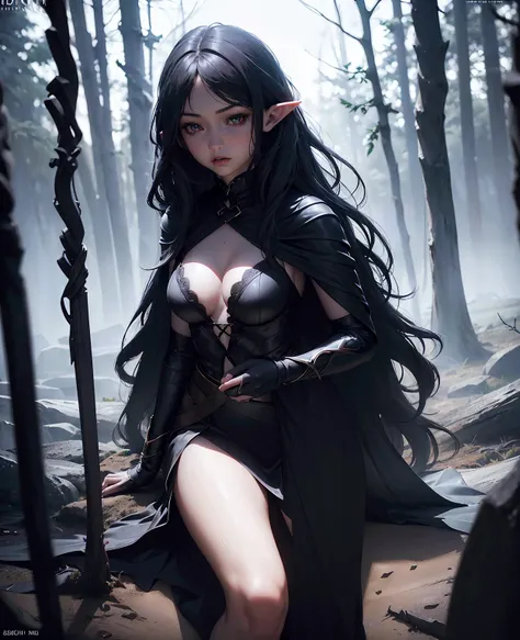 1girl, dark witch, black long hair, pale skin, red eyes, elf-like costume, mysterious dark setting, dramatic lighting, (best quality,4k,8k,highres,masterpiece:1.2),ultra-detailed,(realistic,photorealistic,photo-realistic:1.37),cinematic,dramatic atmosphere...