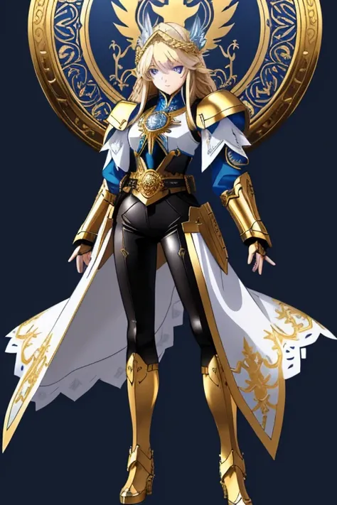 A full-body portrait of a young woman in anime style, with long, light blonde hair, framed by a white mantle adorned with golden details. She has intense blue eyes and wears a form-fitting blue armor with intricate engravings of leaves and flowers, and gol...