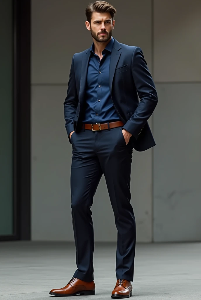 A guy wearing deep navy blue shirt, with navy blue short and formal blazer, with black long pants and brown shoes