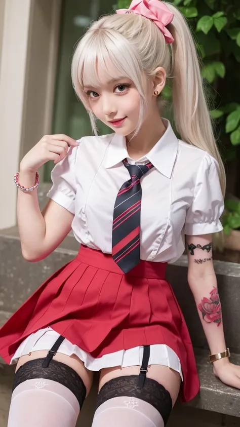 very fine 8kcg wallpaper,white hair,best masterpiece,masterpiece,((((5 years old)))),(petite),cute,kawaii,baby face,cute eyes,bracelet,(side pony tail),long hair,realistic detailed hair,heartily laugh,outdoor,((((tatoo)))),(flat chest),(skinny legs),(slim ...