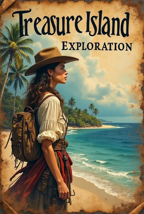 The expedition recruitment poster"Treasure Island Exploration" "Recruiting members"it is written like this, (Super detailed alcohol ink painting of a gorgeous treasure island and female explorer:1.2), Made from a patchwork of vintage script paper、Stress-fr...