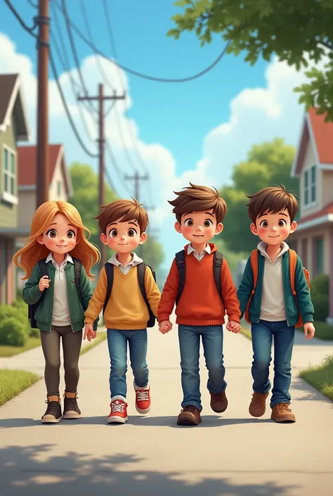 One girl , four boys going school holding hands
