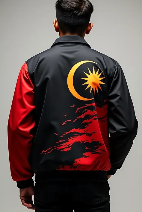 Jacket. Black body red arm. Malaysia logo abstract. Malaysia flag color. The logo is on back of right shoulder to side shoulder