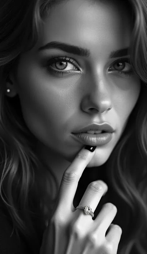 arafed black and white photo of a woman with a ring on her finger, perfect face and eyes, face like ester exposito, seductive eyes and face, close-up perfect face, !seductive eyes and face!, extremely beautiful face, with gorgeous detailed eyes, detailed a...