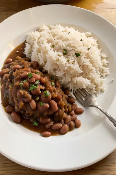 A plate with beans and white rice 