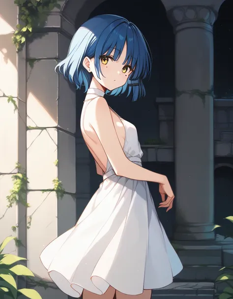 (((masterpiece, ultra-detailed))), anime style, nsfw, white backless dress, standing,yamada ryo, mole under eye, hairclip, blue ...