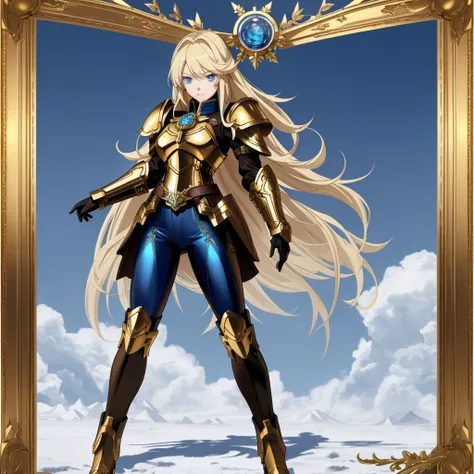 A full-body portrait of a young woman in anime style, with long, light blonde hair, framed by a white mantle adorned with golden details. She has intense blue eyes and wears a form-fitting blue armor with intricate engravings of leaves and flowers, and gol...