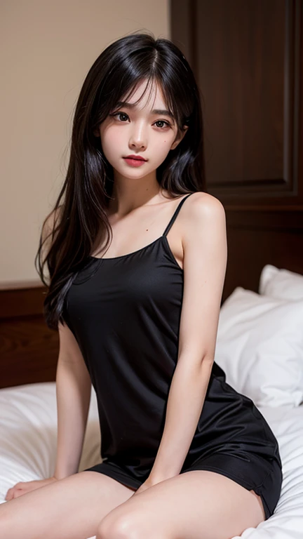 (highest quality)), ((masterpiece)), (detailed), ((cute 14 year old girl in a black camisole，the camisole is see-through and ver...