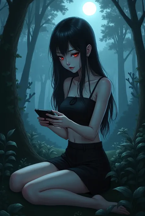 vampire anime girl wearing black crop top shirt sitting down playing a psp game in a dark forest landscape view