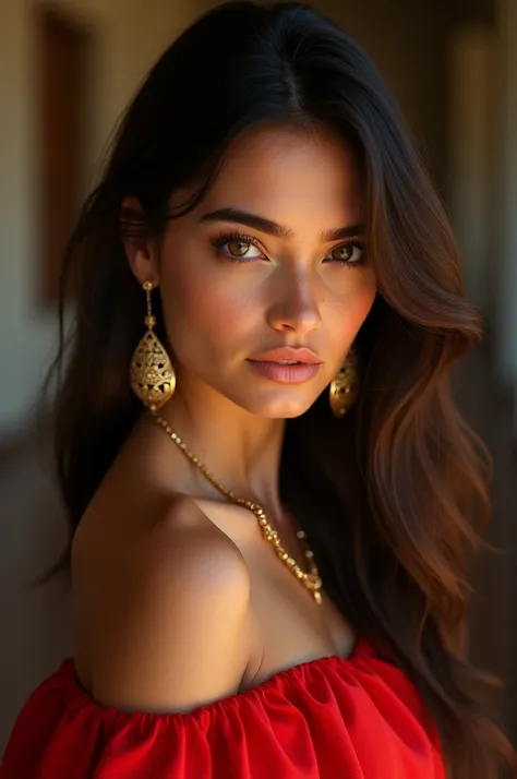 A beautiful Italian girl with dark brown eyes, 26 ans, almond eyes, oval face shape, wavy hair, 170cm, 65 kg, very detailed face, detailed skin texture, elegant poses, red dress, Gold jewelry, natural lighting, dramatic shadows, warm color palette, portrai...