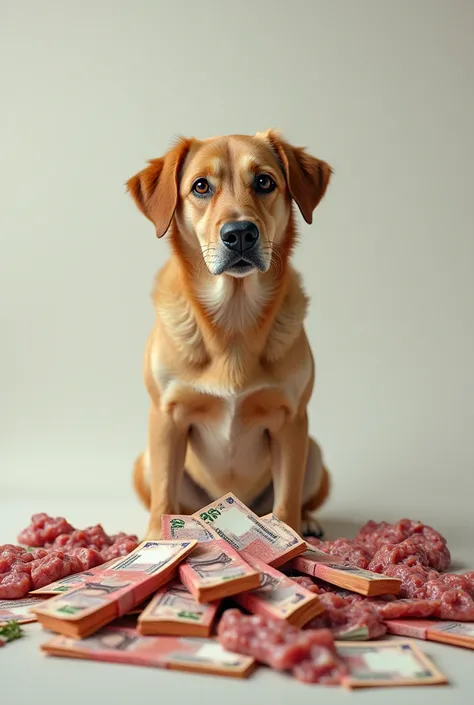 Un chien face à beaucoup des billets de banque et pluisieur morceaux de viande 