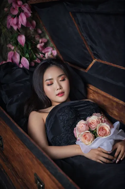 in a striking 8k hdr scene, a stunning korean woman, 22 years old, lies peacefully in a coffin and coffin cover surrounded by pl...