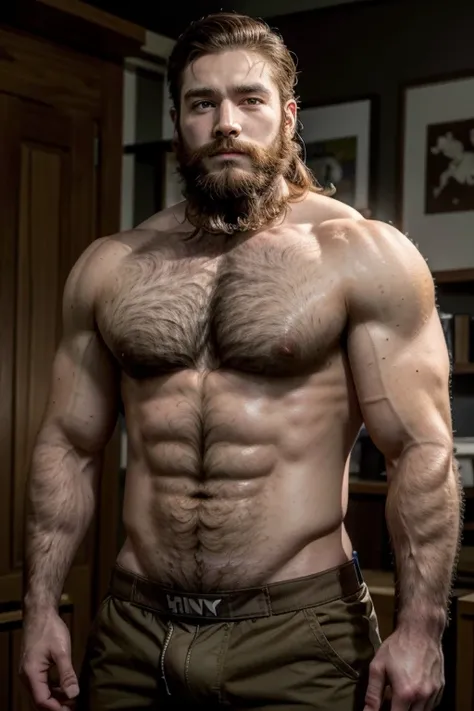 a standing soldier, Close trimmed beard, brown hair, large and muscular build, in military clothes, shirtless, happy hairyvtrail, eyes the color of honey, gentle appearance, and a prominent crotch.