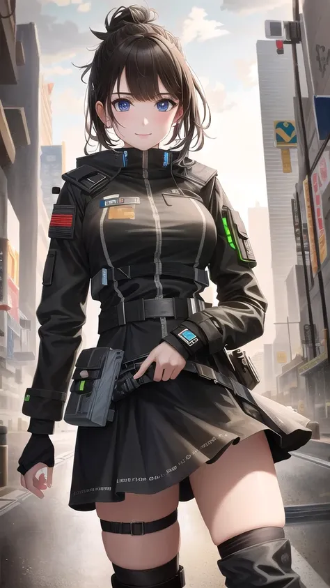 hyper realistic, masterpiece, very detailed, sci-fi, dystopian, (beautiful eyes ), (bangs), brunette, Woman,  detailed face, detailed skin, baggy clothes, thigh high socks, skirt,  cyberpunk, soft light, subsurface scattering,((skyline)), cumulonimbus clou...